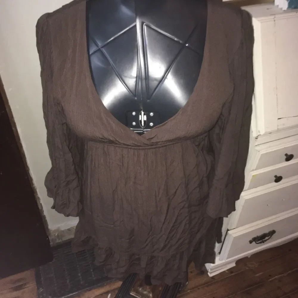 Judith March v-neck brown knit ruffle baby doll dress